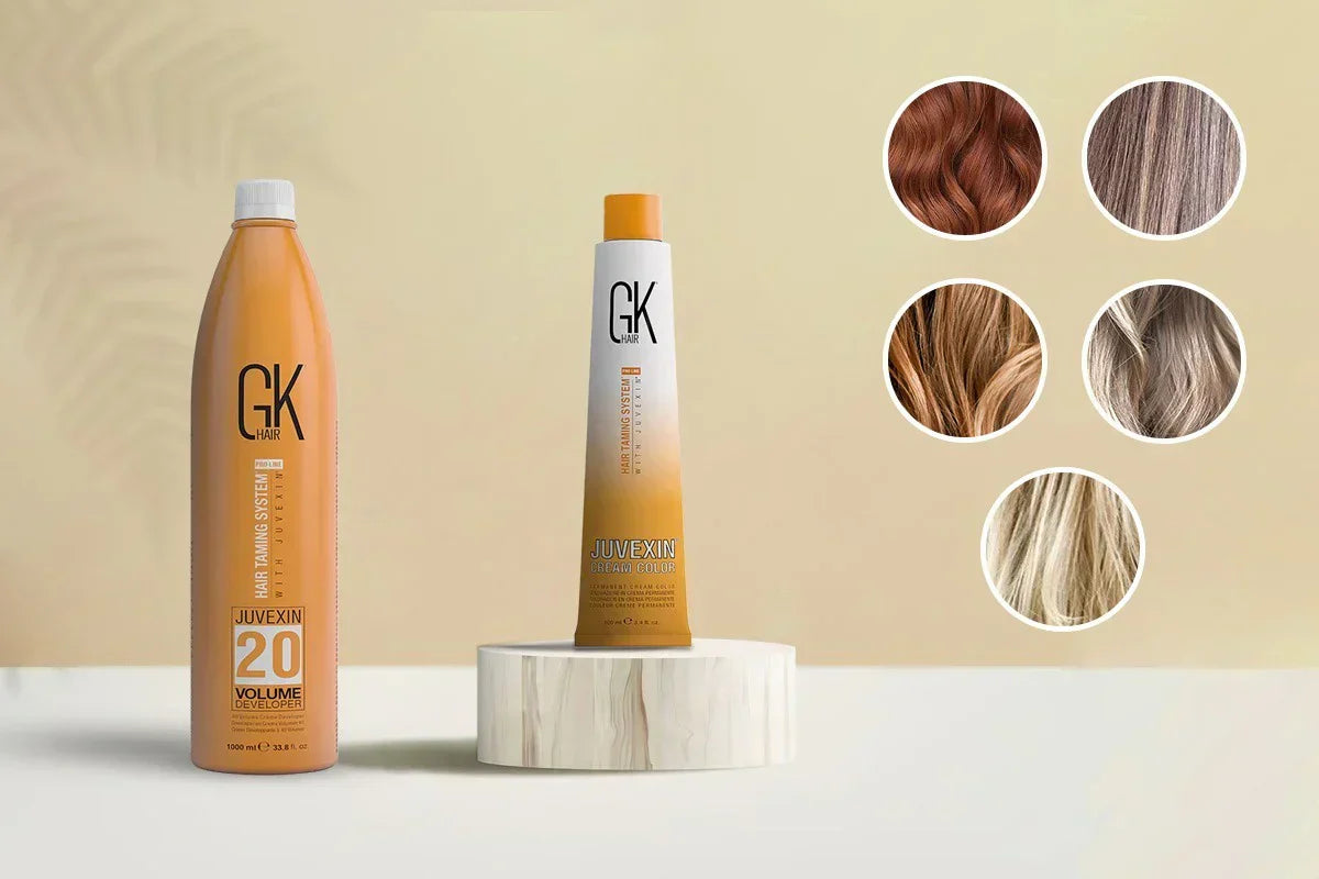Two GK hair products: a 20-volume developer and a color tube, alongside six swatches of different hair colors on a light background.