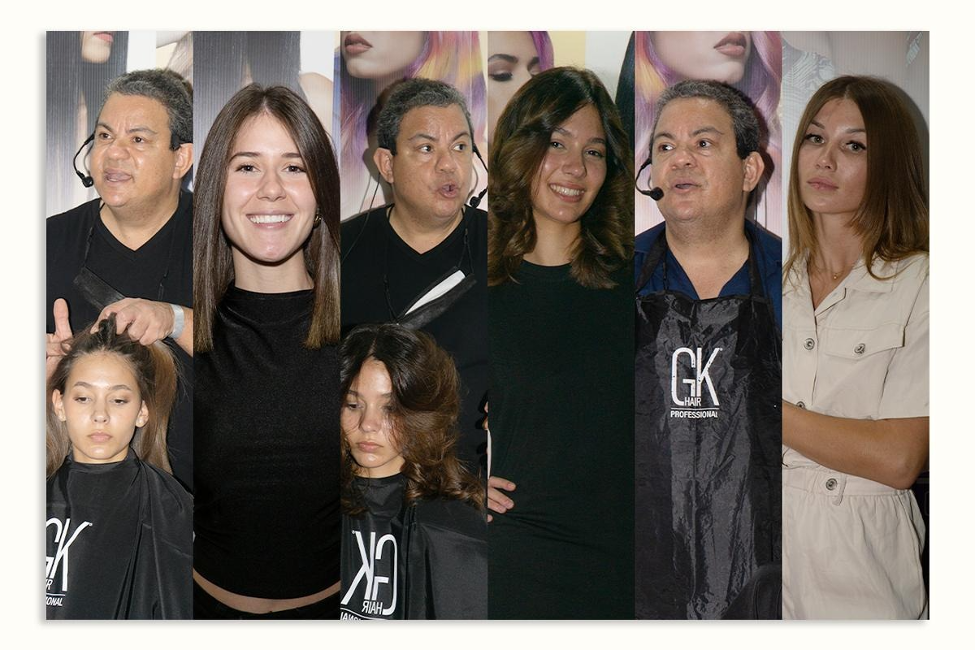 GK Hair booth at the San Juan Beauty Show with stylists watching a live styling demonstration