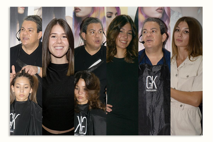 GK Hair booth at the San Juan Beauty Show with stylists watching a live styling demonstration