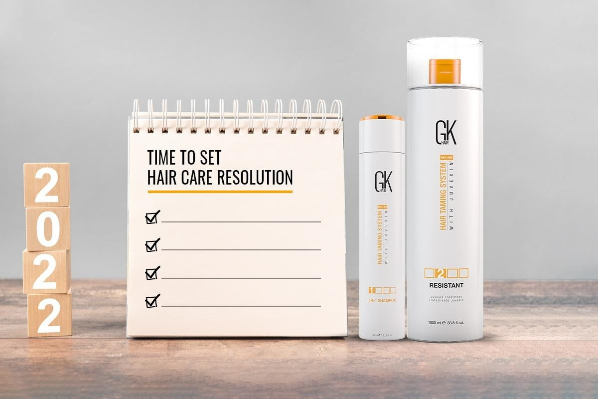 Woman with healthy, shiny hair alongside New Year's resolution ideas for hair care
