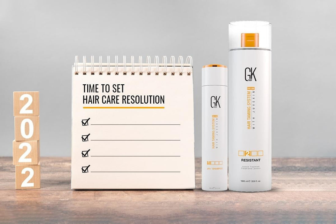 Woman with healthy, shiny hair alongside New Year's resolution ideas for hair care