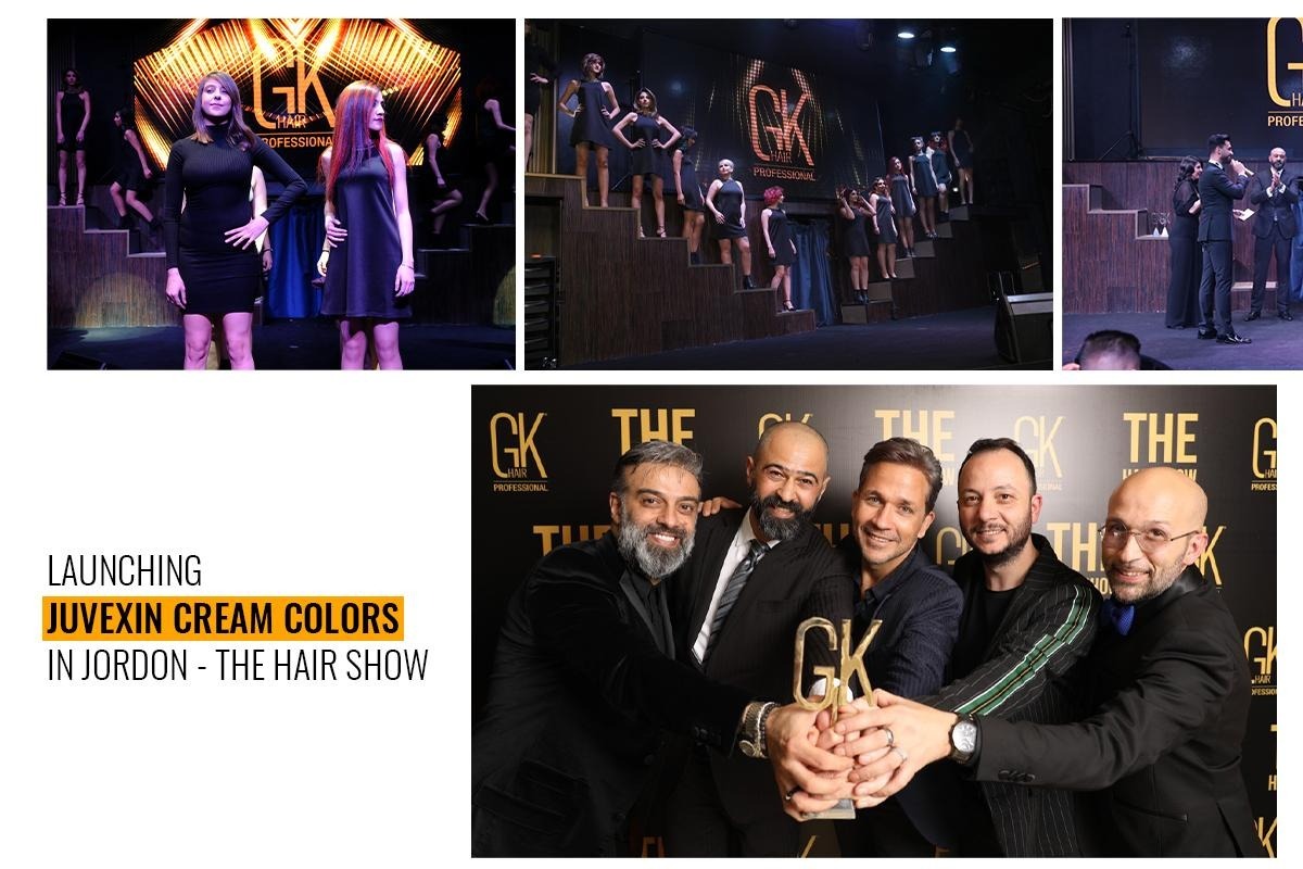 Photo collage of models on a lit runway stage and five men holding a GK trophy