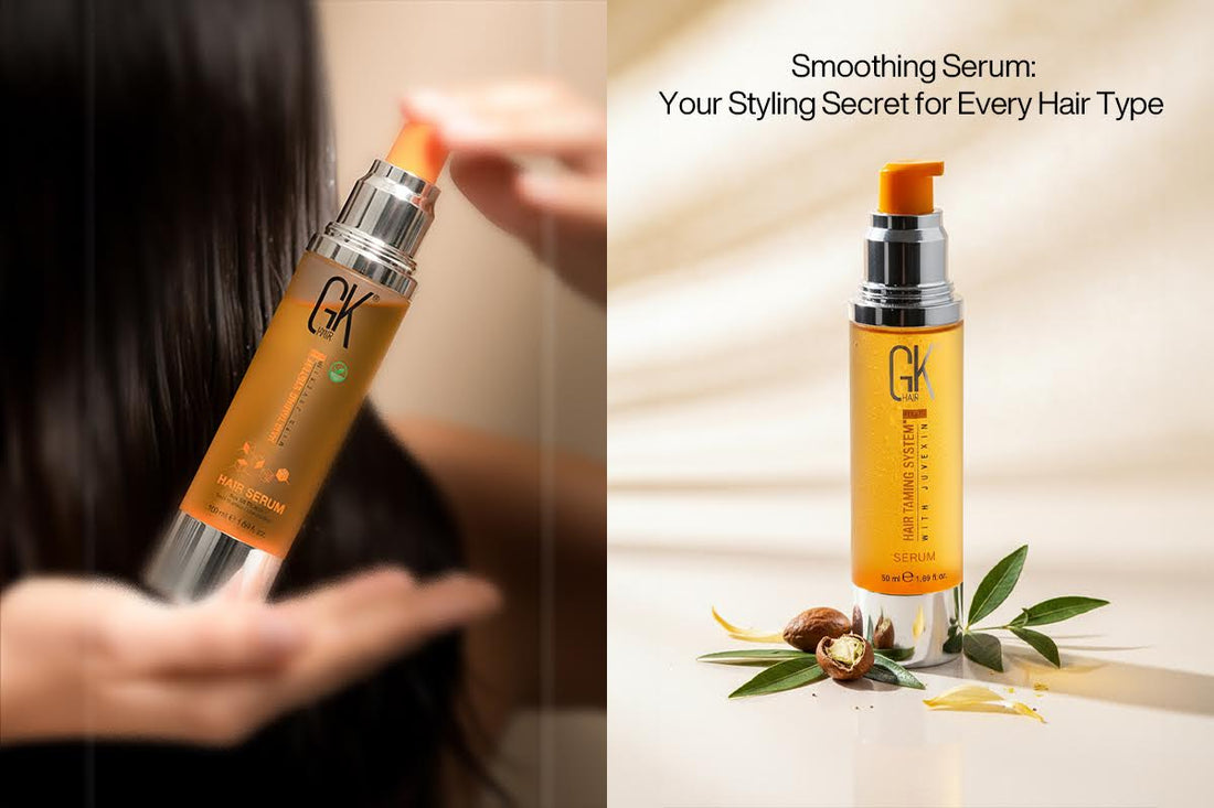 Smoothing serum bottle held in hand, with a second bottle displayed beside it, highlighting the product's benefits for all hair types.