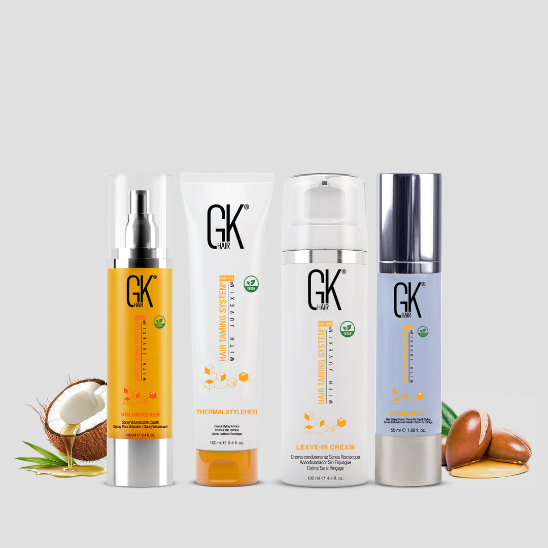 GK Hair styling range: orange spray bottle, ThermalStyleHer tube, Leave-In Cream and Cashmere, with coconut and argan nuts
