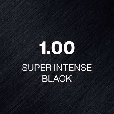 Text '1.00 Super Intense Black' on a black textured background