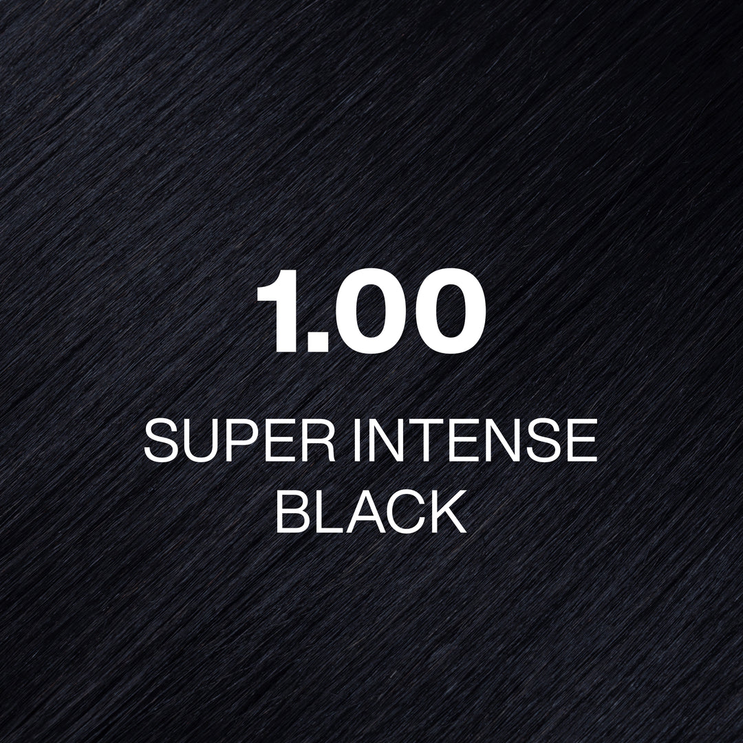 GK Hair Juvexin Cream Color 1.00 Super Intense Black swatch: glossy blue-black hair, code and name in white text