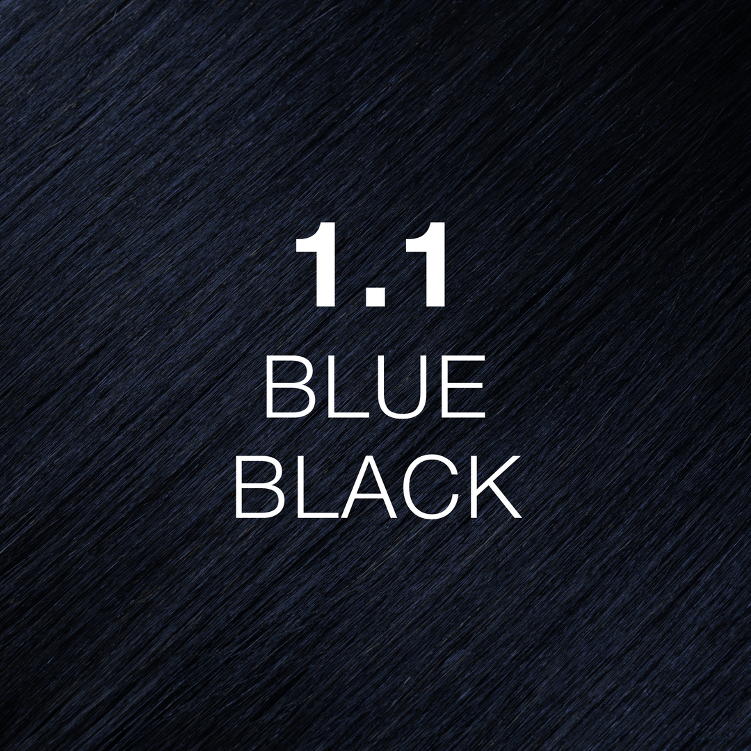GK Hair Juvexin Cream Color 1.1 Blue Black hair color swatch, glossy near-black strands with a cool blue cast