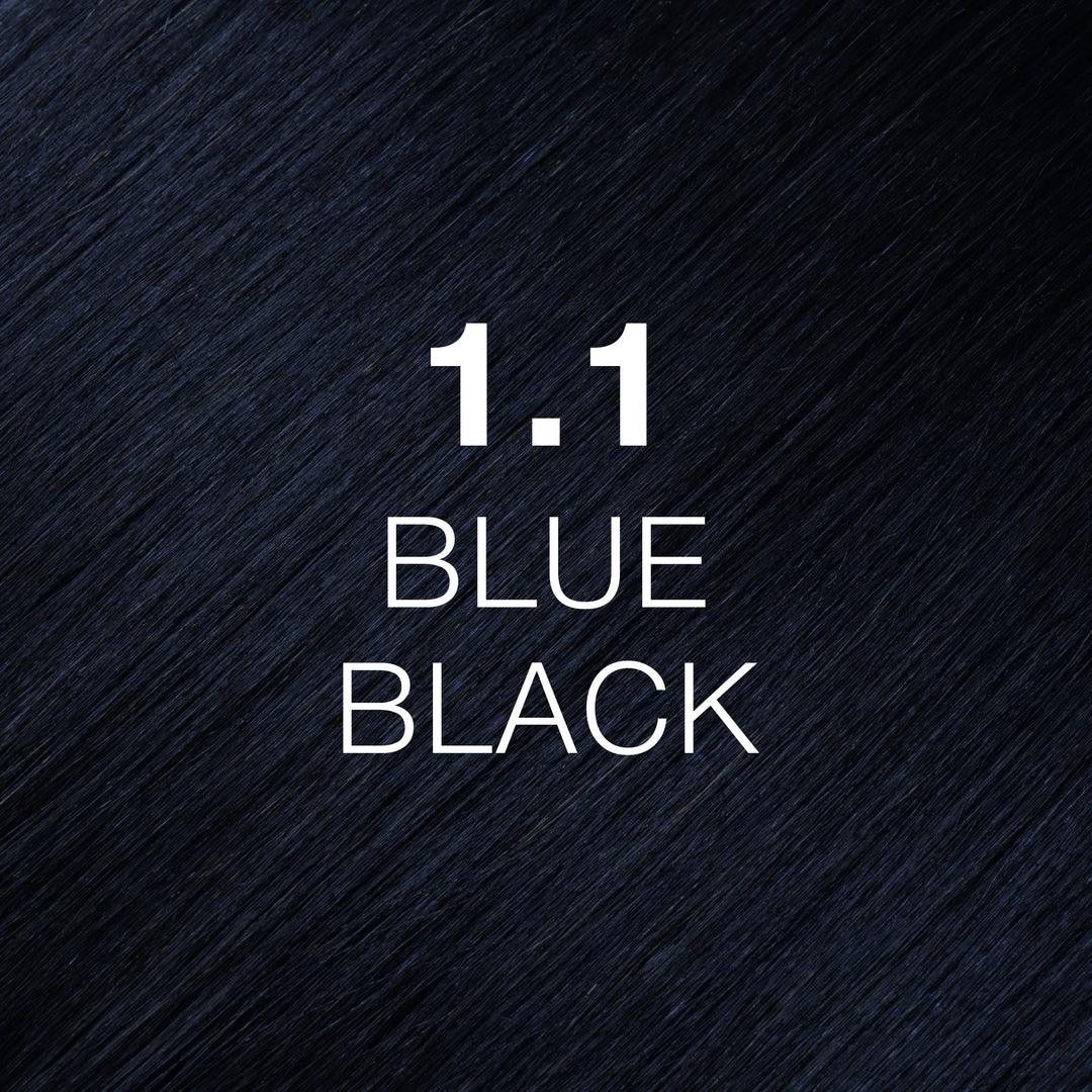 GK Hair Juvexin Cream Color 1.1 Blue Black hair color swatch, silky dark strands lit to a deep blue-black sheen
