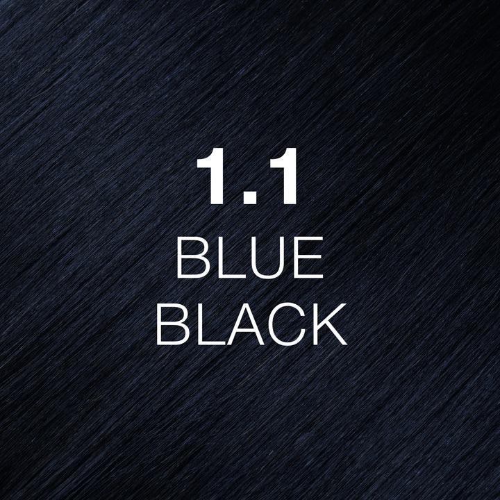 GK Hair Juvexin Cream Color 1.1 Blue Black hair color swatch, silky dark strands lit to a deep blue-black sheen