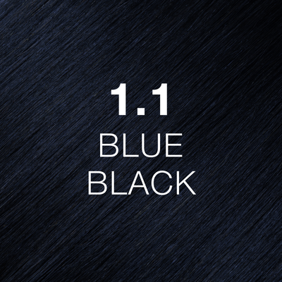 Silky hair texture showcasing the GK Hair's Juxevin Cream Color "1.1 Blue Black" in bold white text.