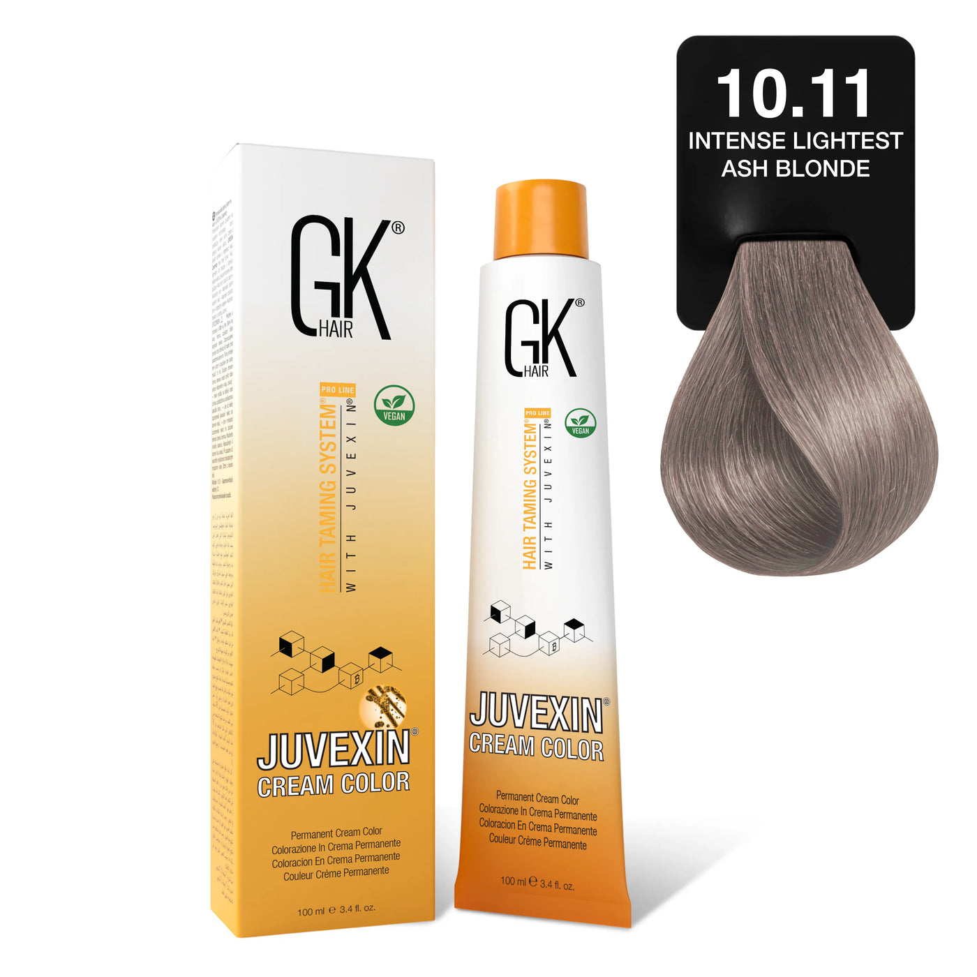 GK Hair's Juvexin 10.11 Intense Lightest Ash Blonde Cream Color product set.