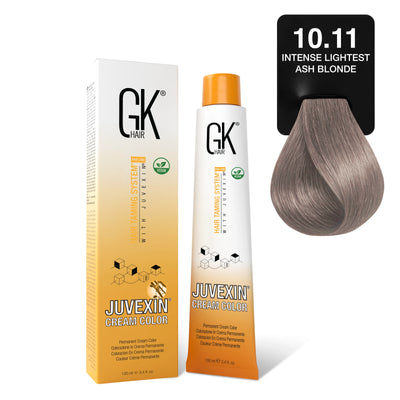 GK Hair's Juvexin 10.11 Intense Lightest Ash Blonde Cream Color product set.