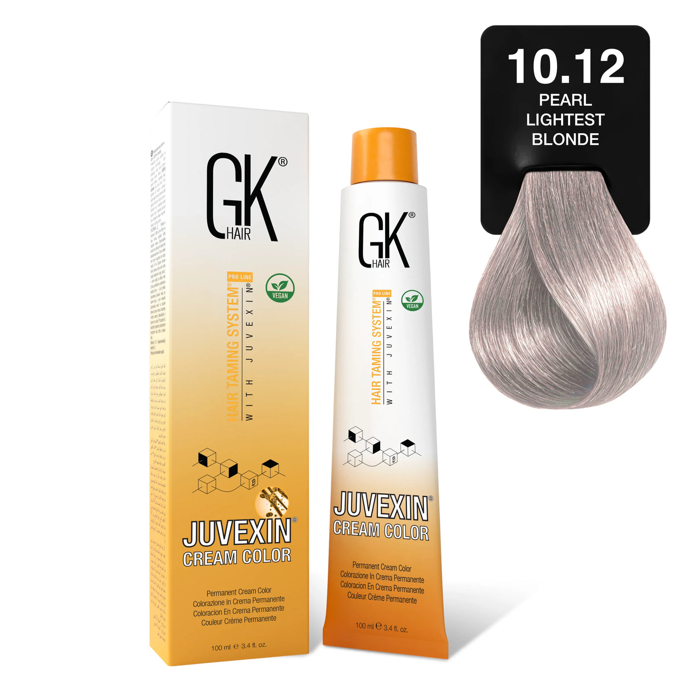 GK Hair's Juvexin 10.12 Pearl Lightest Blonde Cream Color product set.