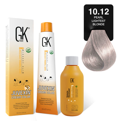 GK Hair's Juvexin 10.12 Pearl Lightest Blonde Cream Color product set including Volume Developer.