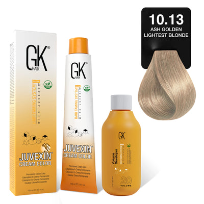 GK Hair's Juvexin 10.13 Ash Golden Lightest Blonde Cream Color product set including Volume Developer.