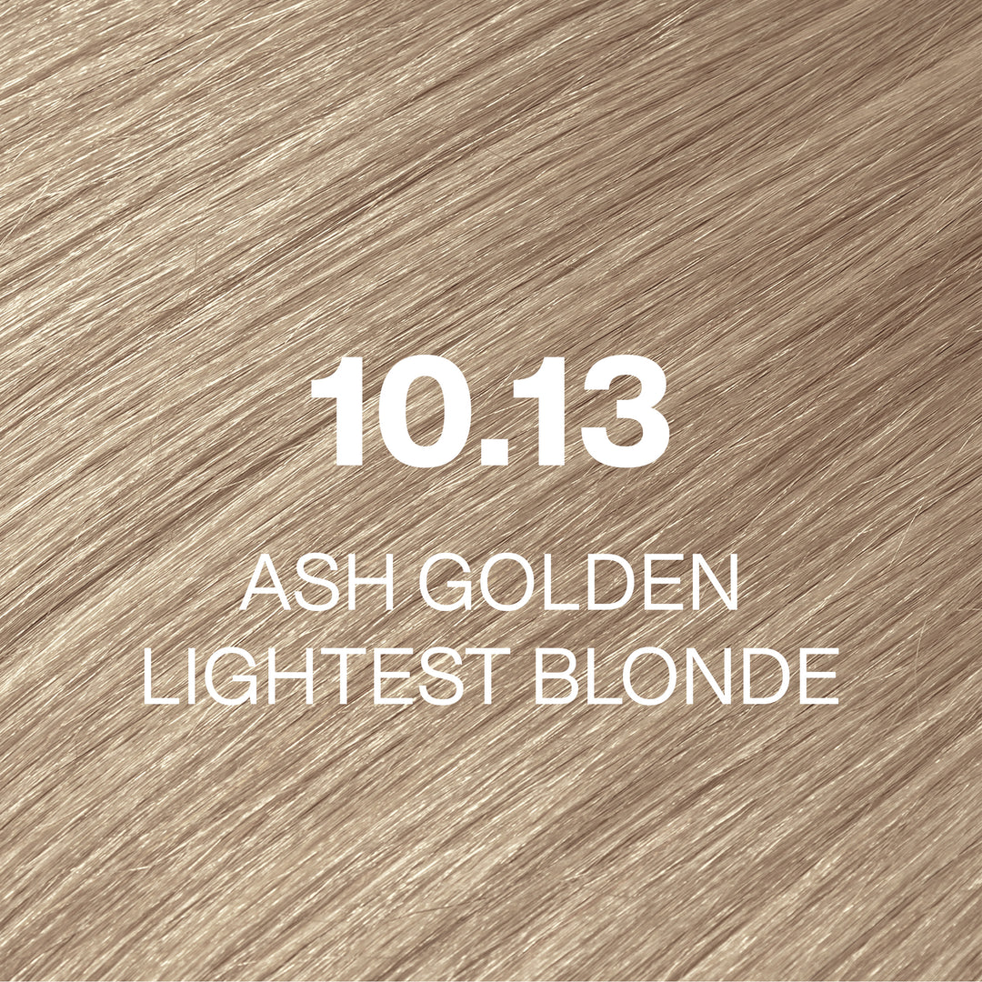 GK Hair Juvexin Cream Color 10.13 Ash Golden Lightest Blonde hair color swatch, warm sandy beige-blonde strands