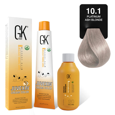 GK Hair's Juvexin 10.1 Platinum Blonde Cream Color product set including Volume Developer.