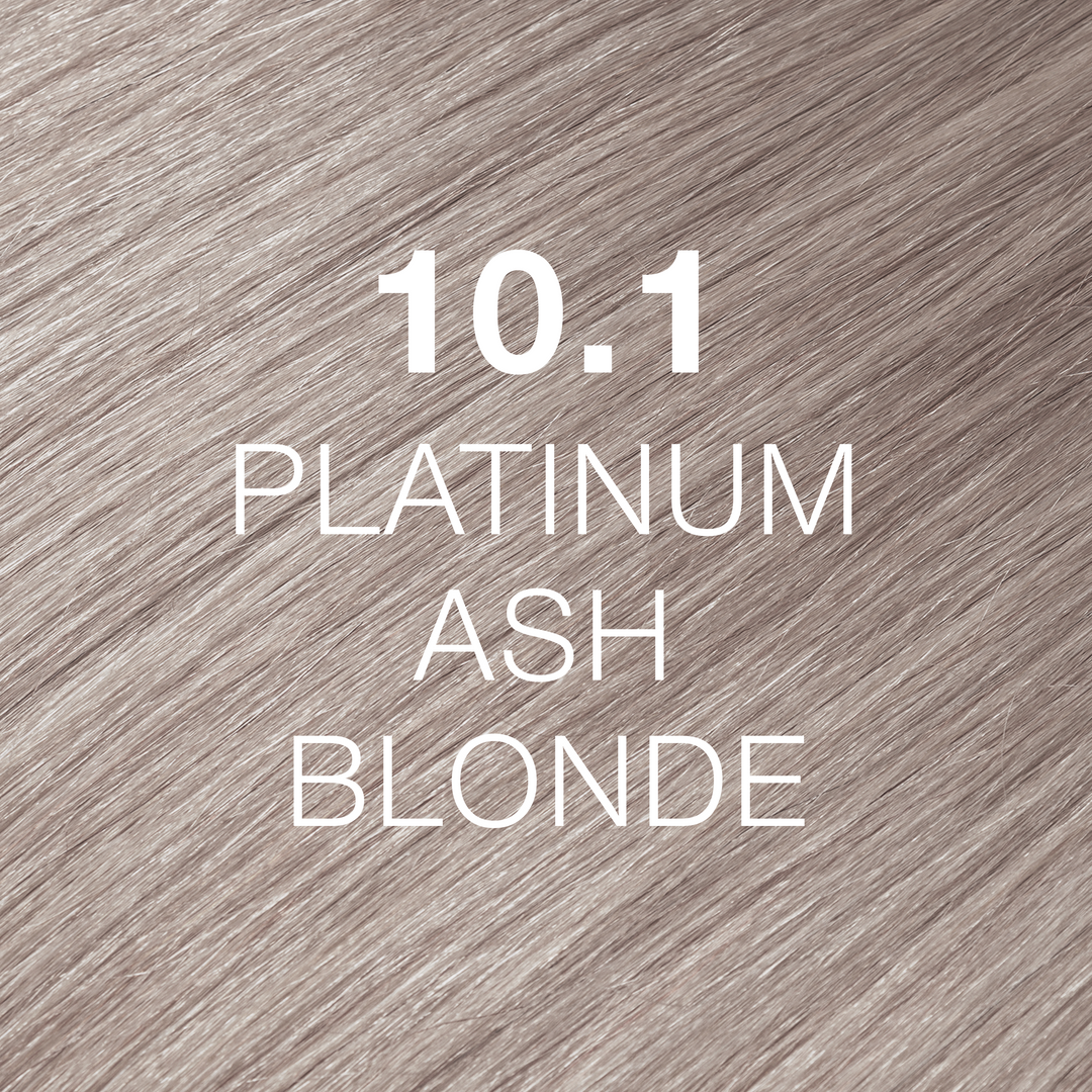 GK Hair Juvexin Cream Color 10.1 Platinum Ash Blonde hair color swatch, pale silvery ash-blonde strands