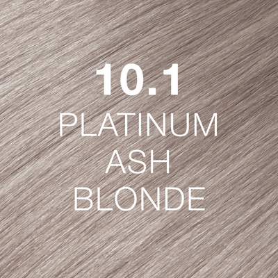 Silky hair texture showcasing the GK Hair's Juxevin Cream Color "10.1 Platinum Ash Blonde" in bold white text.