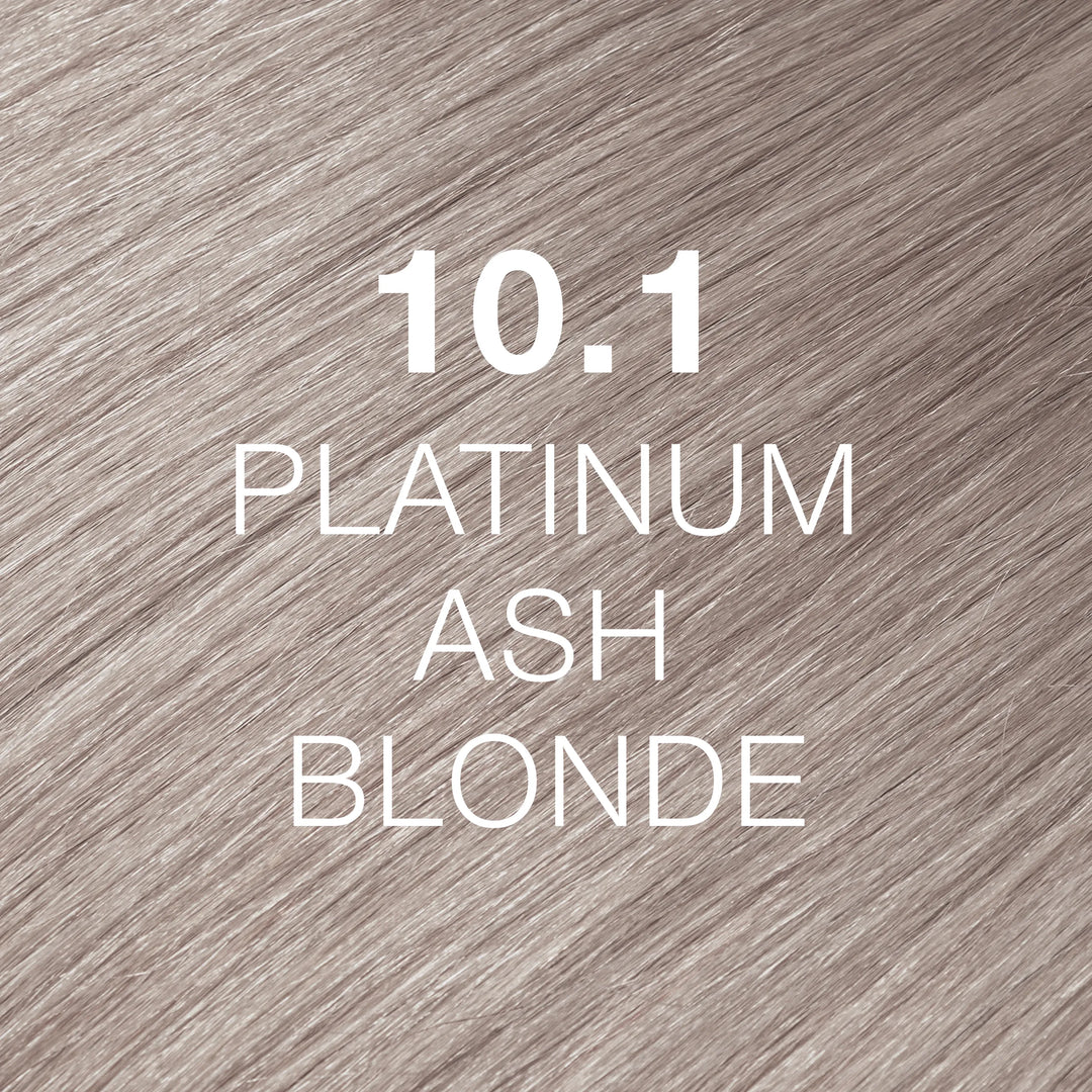 GK Hair Juvexin Cream Color 10.1 Platinum Ash Blonde hair color swatch, glossy pale blonde with a cool gray cast