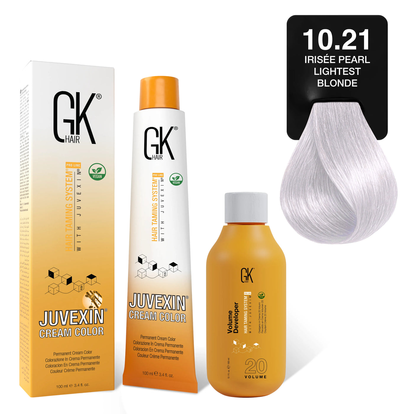 GK Hair's Juvexin 10.21 Irisee Pearl Lightest Blonde Cream Color product set including Volume Developer.