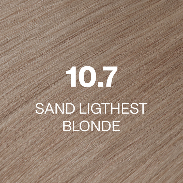 GK Hair Juvexin Cream Color 10.7 Sand Lightest Blonde swatch: sandy beige blonde hair texture, shade name in white