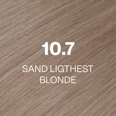 Silky hair texture showcasing the GK Hair's Juxevin Cream Color "10.7 Sand Lightest Blonde" in bold white text.