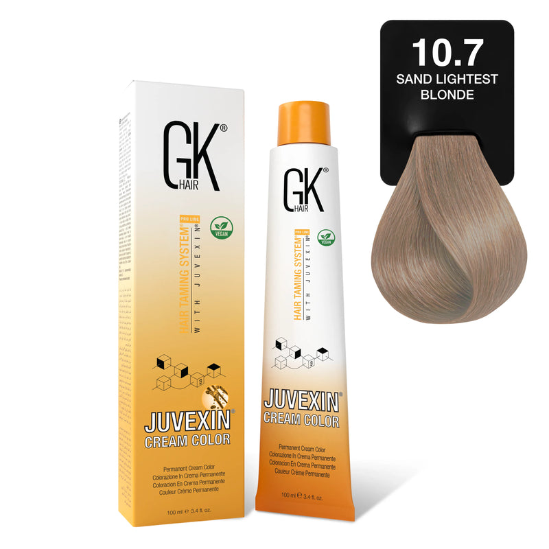 GK Hair's Juvexin 10.7 Sand Lightest Blonde Cream Color product set.