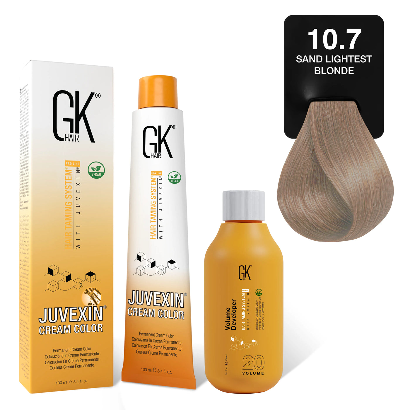 GK Hair's Juvexin 10.7 Sand Lightest Blonde Cream Color product set including Volume Developer.