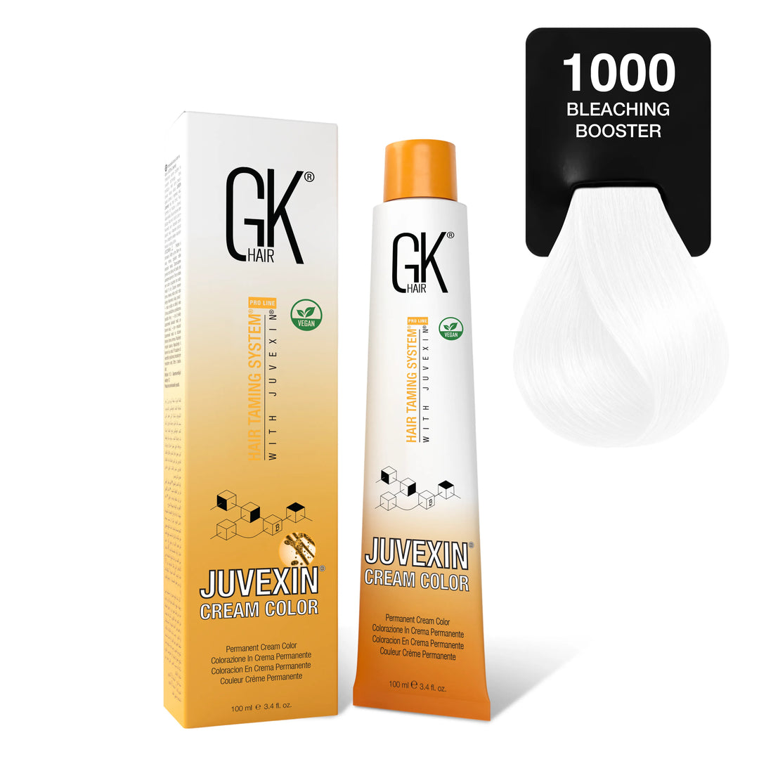 GK Hair Juvexin Cream Color 1000 Bleaching Booster carton and 100 ml tube with a swatch card of pure white hair