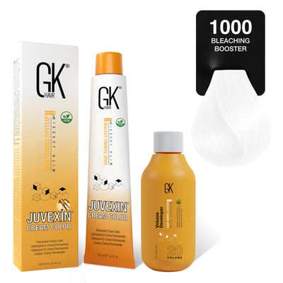 GK Hair's Juvexin 1000 Bleaching Booster Cream Color product set including Volume Developer.