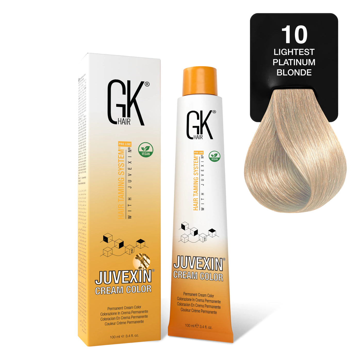 GK Hair's Juvexin 10 Lightest Platinum Blonde Cream Color product set.