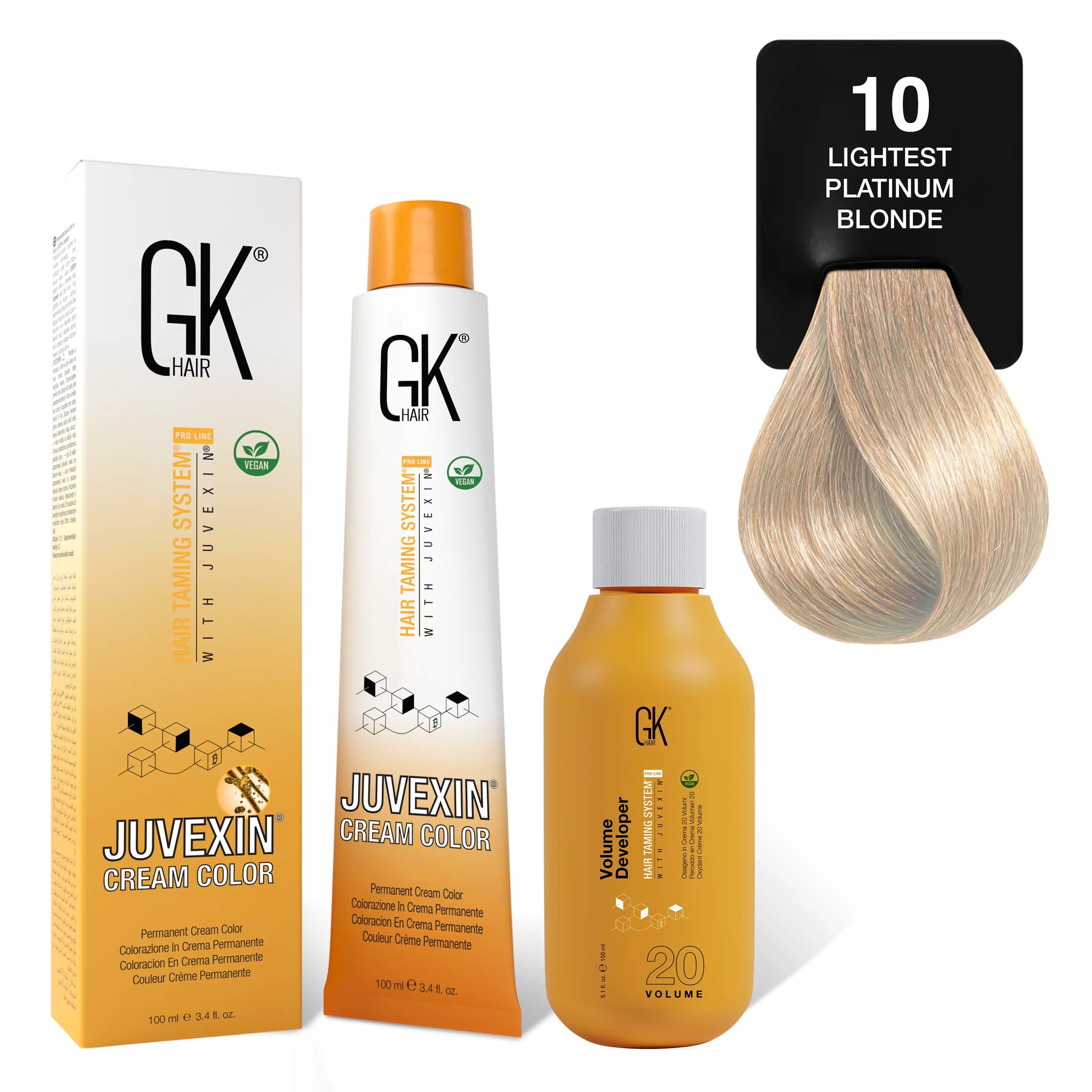 GK Hair's Juvexin 10 Lightest Platinum Blonde Cream Color product set.
