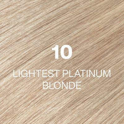 Silky hair texture showcasing the GK Hair's Juxevin Cream Color "10 Lighest Platinum Blonde" in bold white text.