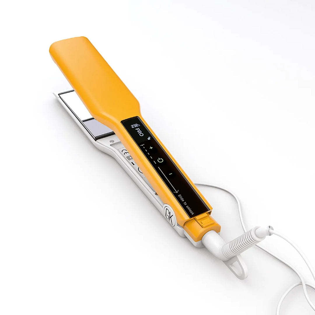 GK Hair Easy Control Pro flat iron in yellow and white, open, its touch display reading 232°C, with a white coiled cord