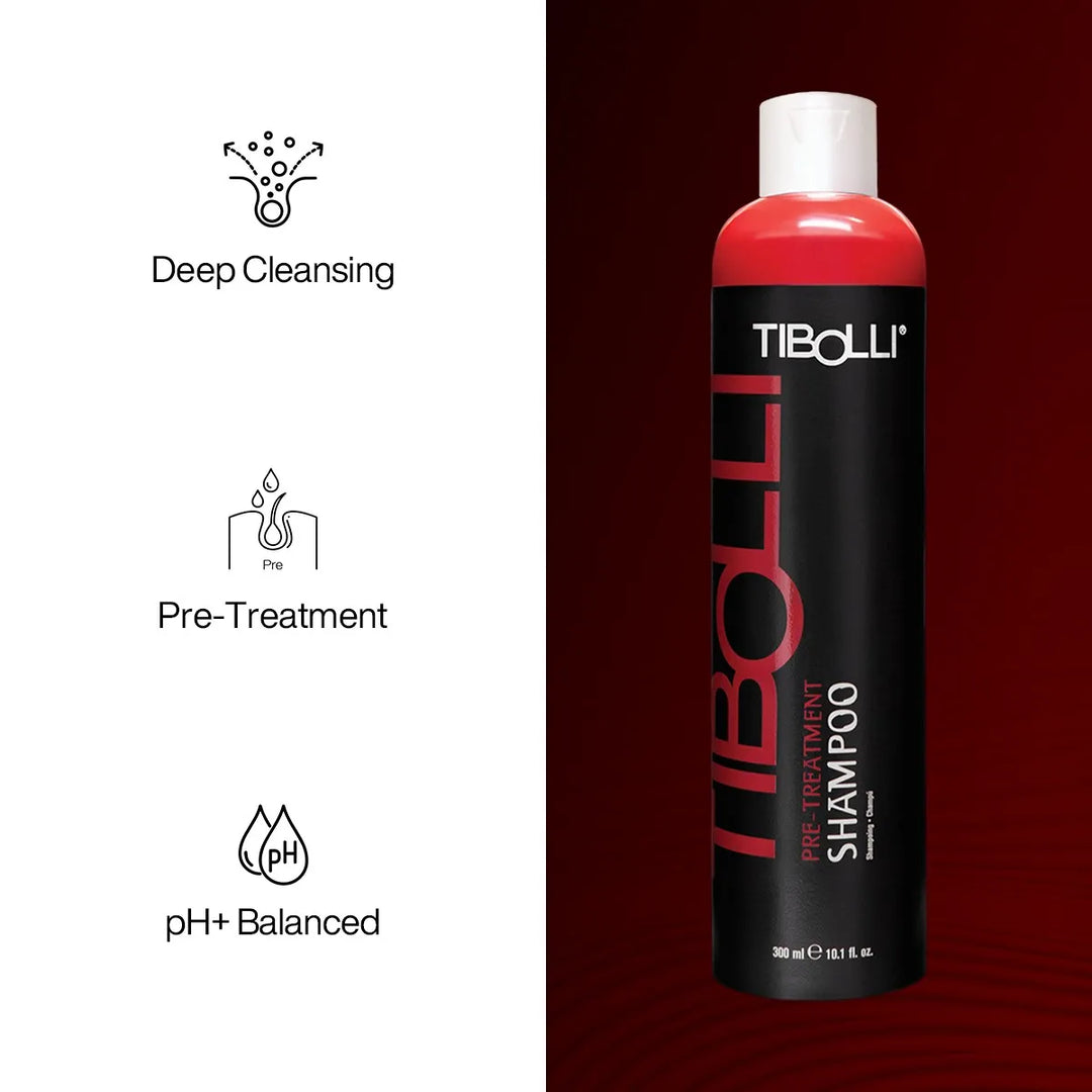 Tibolli Pre-Treatment Shampoo 300 ml black and red bottle on dark red with Deep Cleansing, Pre-Treatment, pH+ Balanced icons