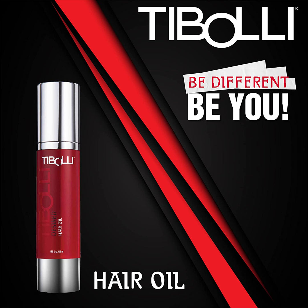 Tibolli Desired Hair Oil pump bottle on a black background with red diagonal stripes and the words Be Different Be You!