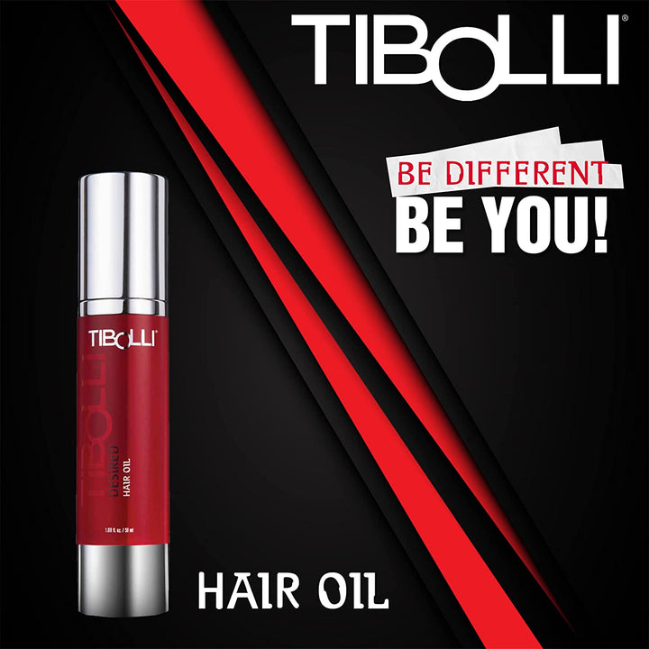 Tibolli Desired Hair Oil pump bottle on a black background with red diagonal stripes and the words Be Different Be You!