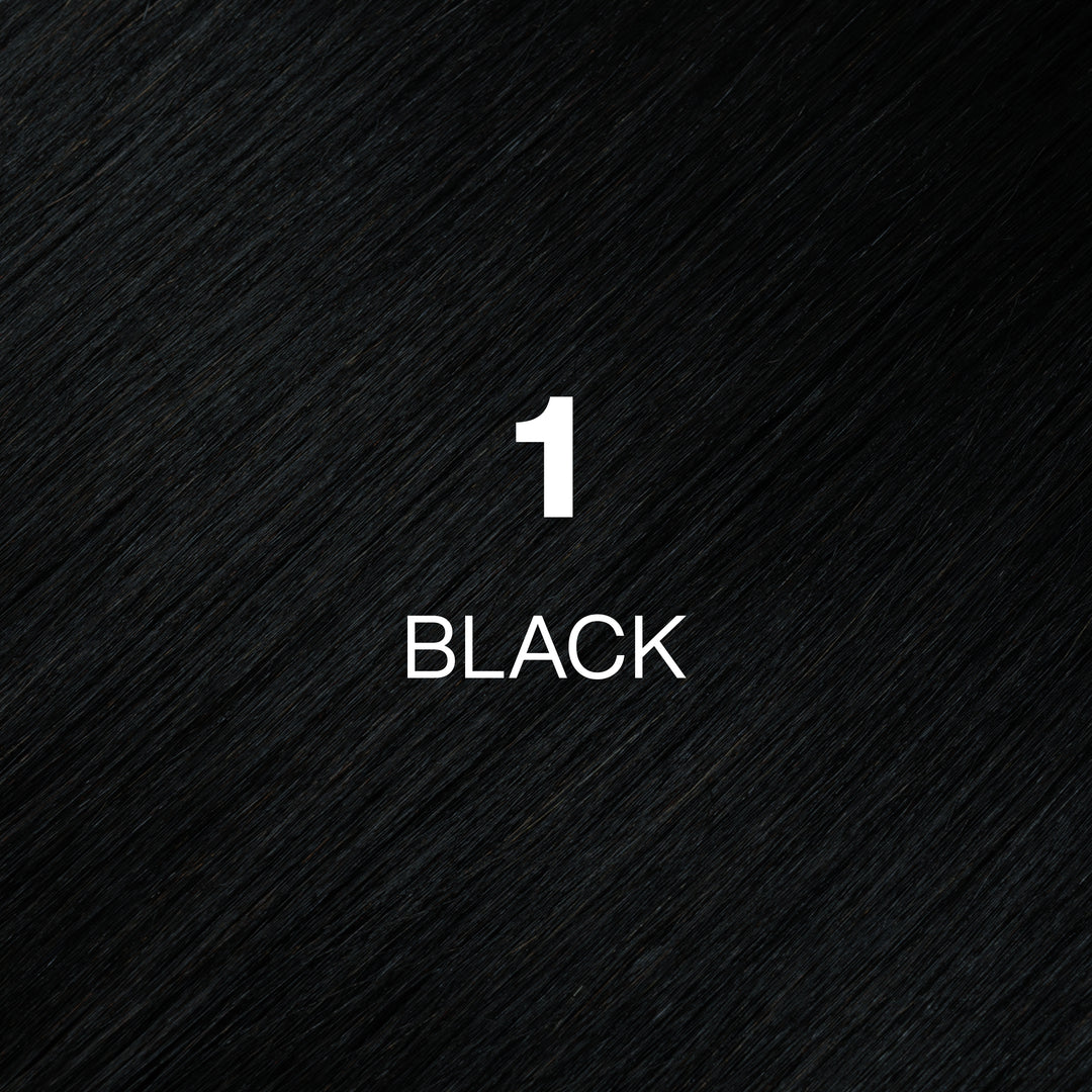 GK Hair Juvexin Cream Color 1 Black hair color swatch, glossy jet-black strands with the shade code in white text