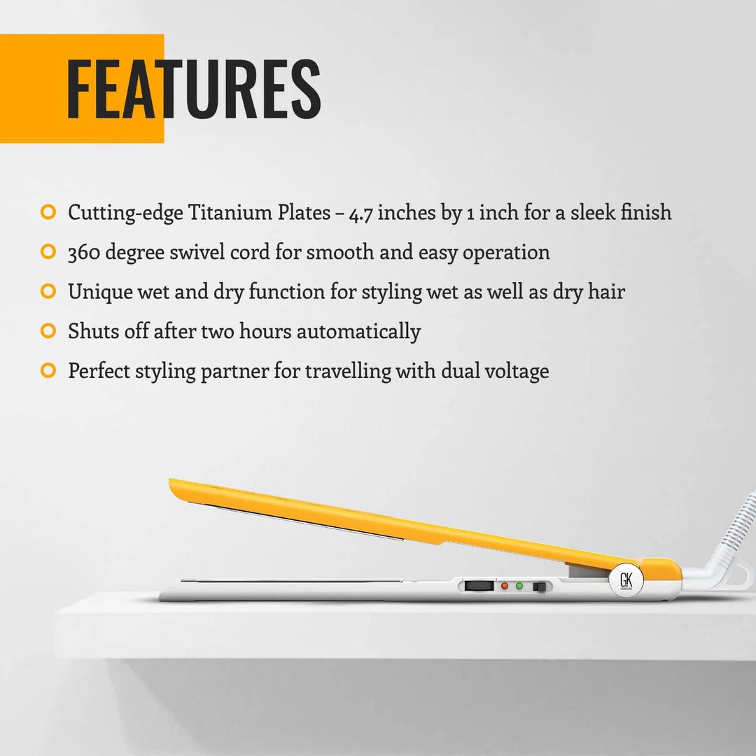 GK Hair D700 flat iron features: 4.7 by 1 inch titanium plates, 360 degree swivel cord, wet and dry use, 2-hour auto shutoff, dual voltage