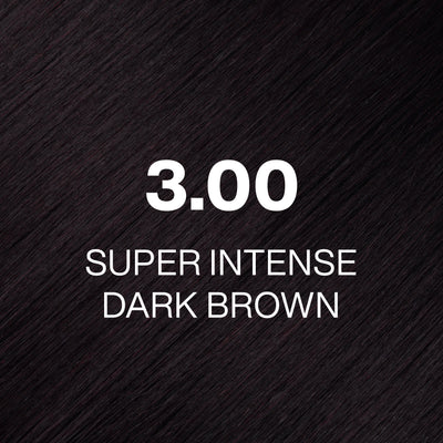 Text indicating '3.00 Super Intense Dark Brown' on a dark brown background
