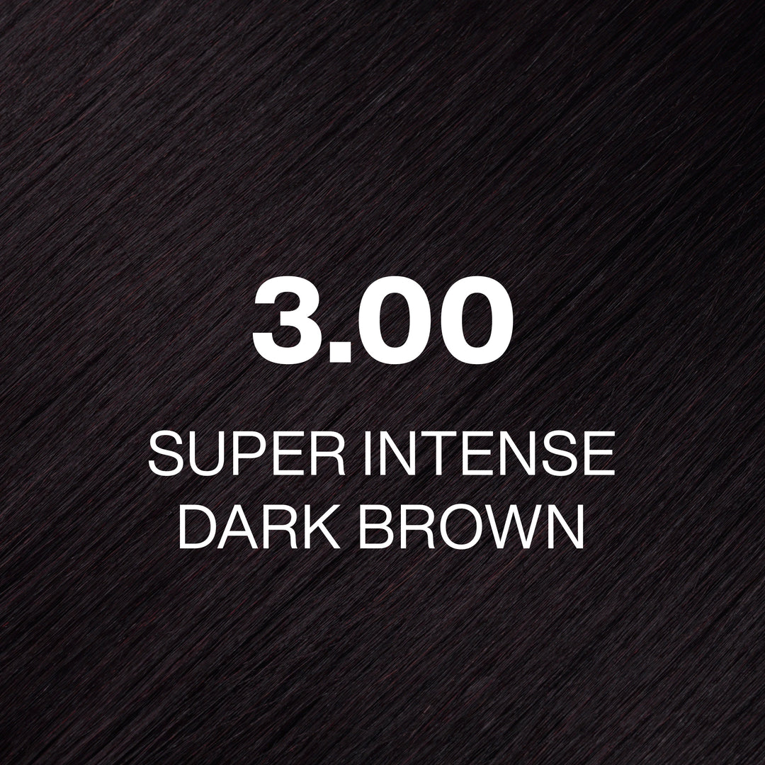 GK Hair Juvexin Cream Color 3.00 Super Intense Dark Brown swatch: deep dark brown hair with a plum cast, white text