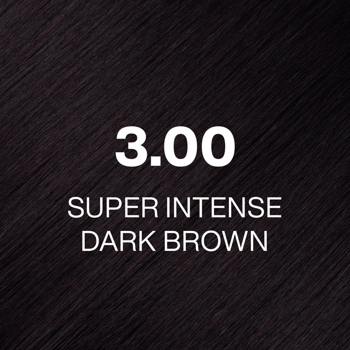 GK Hair Juvexin Cream Color 3.00 Super Intense Dark Brown swatch: deep dark brown hair with a plum cast, white text