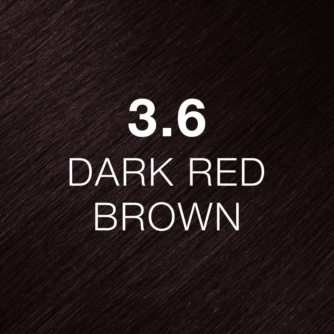 Very dark red-brown hair texture printed with 3.6 Dark Red Brown in white, a GK Hair Juvexin Cream Color swatch