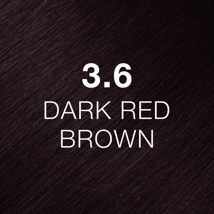 Very dark red-brown hair texture printed with 3.6 Dark Red Brown in white, a GK Hair Juvexin Cream Color swatch