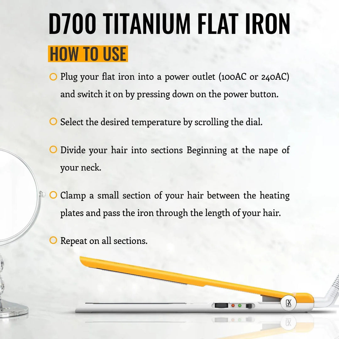 GK Hair D700 Titanium Flat Iron how-to: plug into 100AC or 240AC, set the dial, section from the nape, clamp and glide, repeat