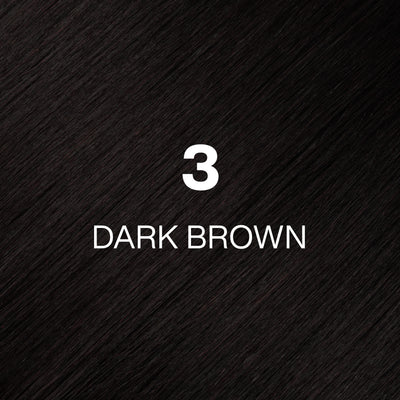 Silky hair texture showcasing the GK Hair's Juxevin Cream Color "3 Dark Brown" in bold white text.