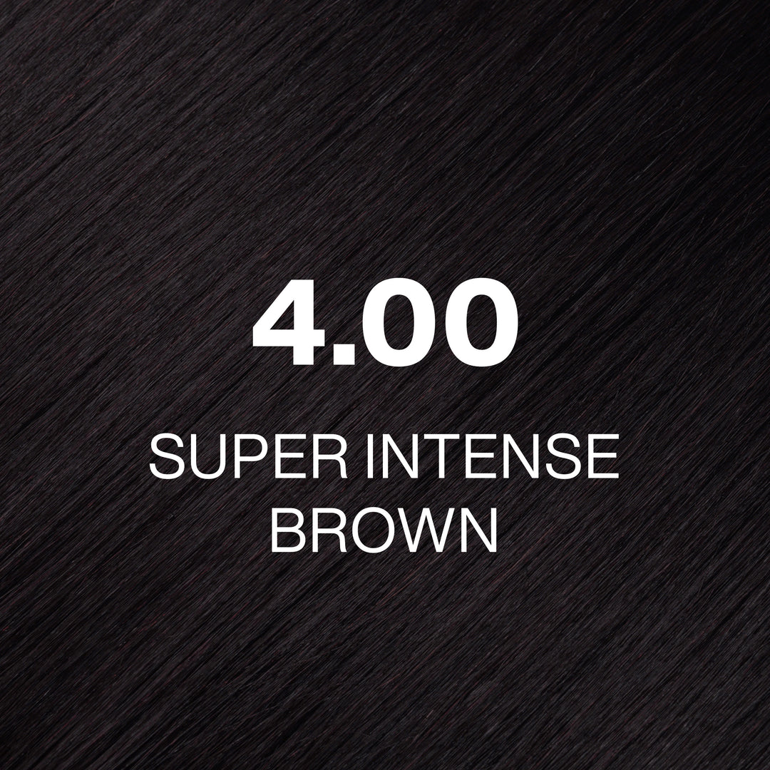 GK Hair Juvexin Cream Color 4.00 Super Intense Brown hair color swatch: near-black deep brown strands, white text