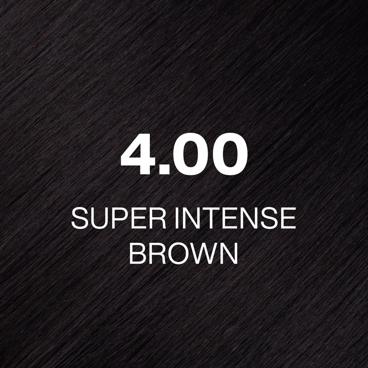 GK Hair Juvexin Cream Color 4.00 Super Intense Brown hair color swatch: near-black deep brown strands, white text