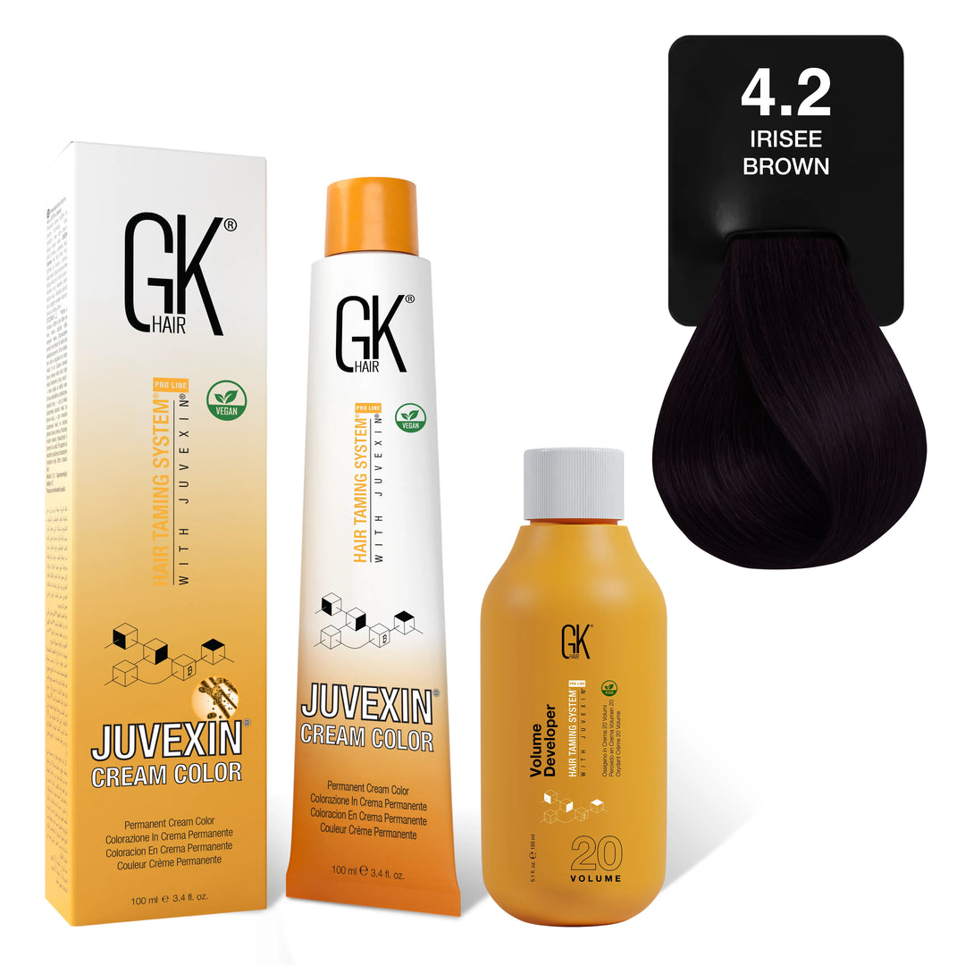 GK Hair's Juvexin 4.2 Irisee Brown Cream Color product set including Volume Developer.